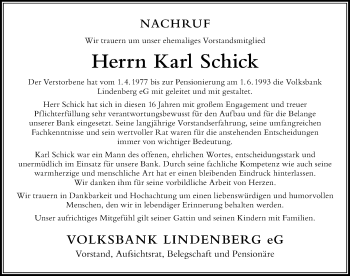Traueranzeige von Karl Schick von Der Westallgäuer