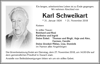Traueranzeige von Karl Schweikart von Allgäuer Zeitung,Kempten
