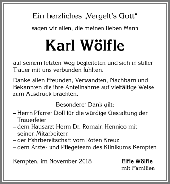 Traueranzeige von Karl Wölfle von Allgäuer Zeitung,Kempten