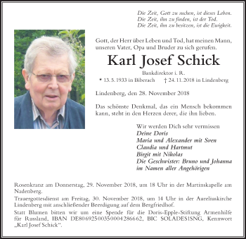 Traueranzeige von Karl Josef Schick von Der Westallgäuer