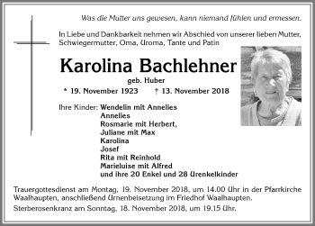 Traueranzeige von Karolina Bachlehner von Allgäuer Zeitung, Kaufbeuren/Buchloe