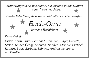 Traueranzeige von Karolina Bachlehner von Allgäuer Zeitung, Kaufbeuren/Buchloe