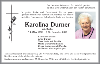 Traueranzeige von Karolina Durner von Allgäuer Zeitung, Kaufbeuren/Buchloe