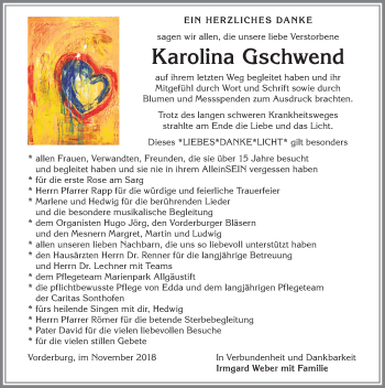 Traueranzeige von Karolina Gschwend von Allgäuer Anzeigeblatt