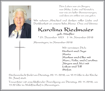 Traueranzeige von Karolina Riedmaier von Memminger Zeitung