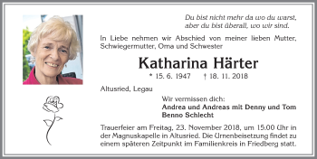 Traueranzeige von Katharina Härter von Allgäuer Zeitung,Kempten