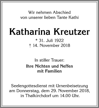 Traueranzeige von Katharina Kreutzer von Allgäuer Anzeigeblatt