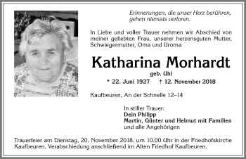 Traueranzeige von Katharina Morhardt von Allgäuer Zeitung, Kaufbeuren/Buchloe