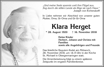 Traueranzeige von Klara Herget von Allgäuer Zeitung, Kaufbeuren/Buchloe