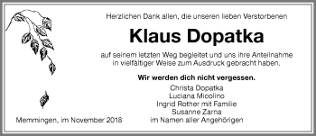 Traueranzeige von Klaus Dopatka von Memminger Zeitung