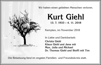 Traueranzeige von Kurt Giehl von Allgäuer Zeitung,Kempten