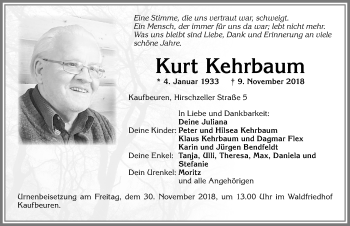 Traueranzeige von Kurt Kehrbaum von Allgäuer Zeitung, Kaufbeuren/Buchloe