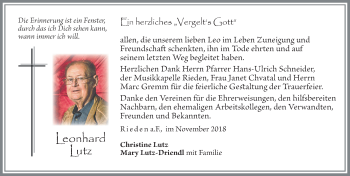 Traueranzeige von Leonhard Lutz von Allgäuer Zeitung, Füssen