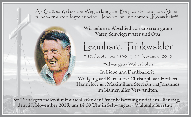  Traueranzeige für Leonhard Trinkwalder vom 23.11.2018 aus Allgäuer Zeitung, Füssen