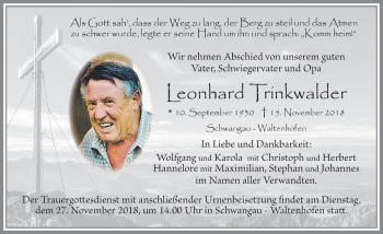 Traueranzeige von Leonhard Trinkwalder von Allgäuer Zeitung, Füssen