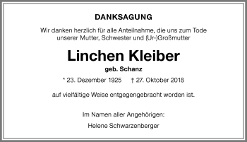 Traueranzeige von Linchen Kleiber von Memminger Zeitung