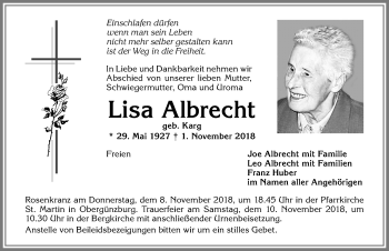Traueranzeige von Lisa Albrecht von Allgäuer Zeitung