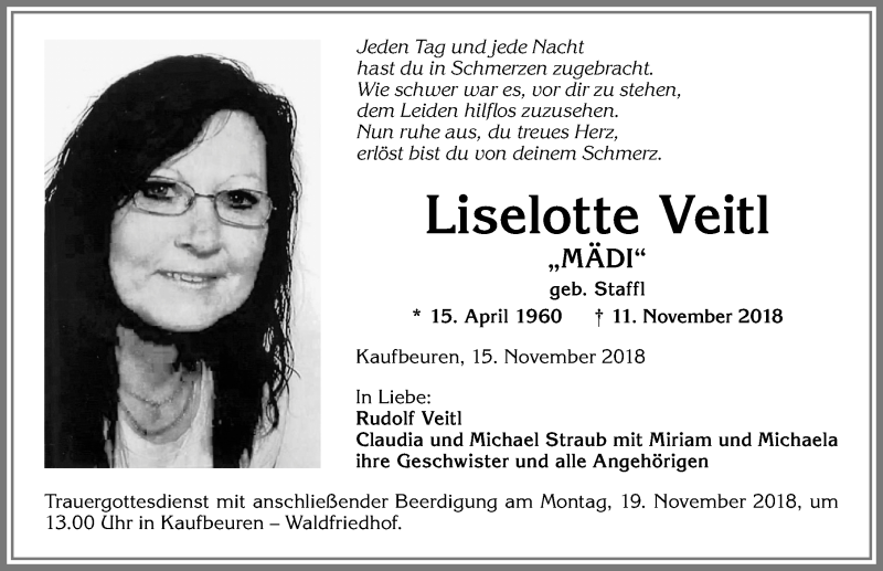  Traueranzeige für Liselotte Veitl vom 15.11.2018 aus Allgäuer Zeitung