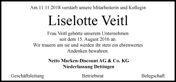 Traueranzeige von Liselotte Veitl von Allgäuer Zeitung, Kaufbeuren/Buchloe