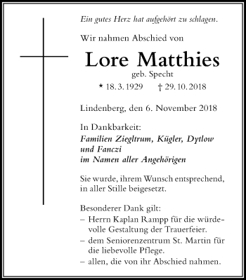 Traueranzeige von Lore Matthies von Der Westallgäuer