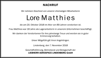 Traueranzeige von Lore Matthies von Der Westallgäuer