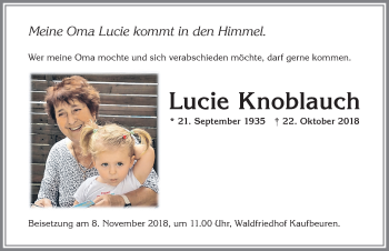 Traueranzeige von Lucie Knoblauch von Allgäuer Zeitung, Kaufbeuren/Buchloe