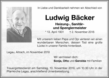 Traueranzeige von Ludwig Bäcker von Memminger Zeitung