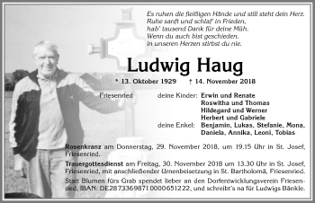 Traueranzeige von Ludwig Haug von Allgäuer Zeitung, Kaufbeuren/Buchloe