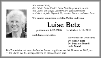 Traueranzeige von Luise Betz von Allgäuer Zeitung, Kaufbeuren/Buchloe