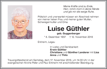 Traueranzeige von Luise Güthler von Memminger Zeitung