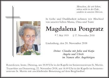 Traueranzeige von Magdalena Pongratz von Der Westallgäuer