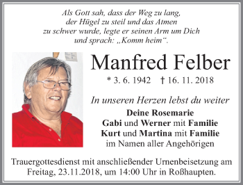 Traueranzeige von Manfred Felber von Allgäuer Zeitung, Füssen