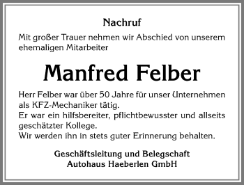 Traueranzeige von Manfred Felber von Allgäuer Zeitung, Füssen