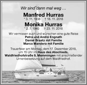 Traueranzeige von Manfred Hurras von Memminger Zeitung