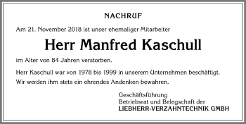Traueranzeige von Manfred Kaschull von Allgäuer Zeitung,Kempten