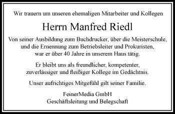 Traueranzeige von Manfred Riedl von Memminger Zeitung