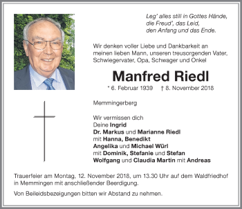 Traueranzeige von Manfred Riedl von Memminger Zeitung