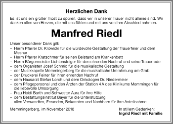 Traueranzeige von Manfred Riedl von Memminger Zeitung