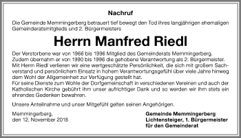 Traueranzeige von Manfred Riedl von Memminger Zeitung