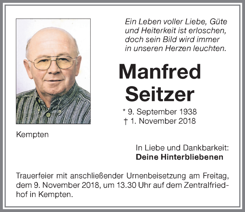  Traueranzeige für Manfred Seitzer vom 06.11.2018 aus Allgäuer Zeitung,Kempten
