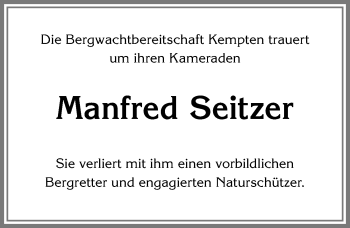 Traueranzeige von Manfred Seitzer von Allgäuer Zeitung,Kempten