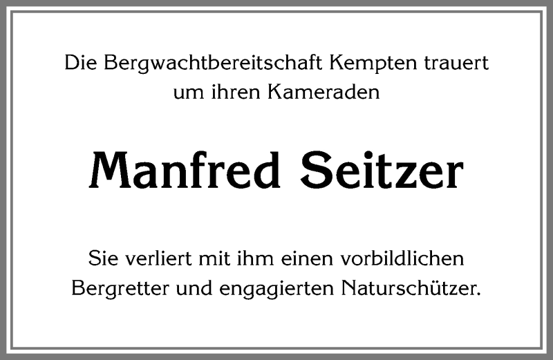  Traueranzeige für Manfred Seitzer vom 08.11.2018 aus Allgäuer Zeitung,Kempten