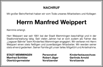 Traueranzeige von Manfred Weippert von Memminger Zeitung