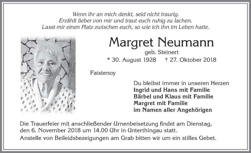  Traueranzeige für Margret Neumann vom 03.11.2018 aus Allgäuer Zeitung,Kempten