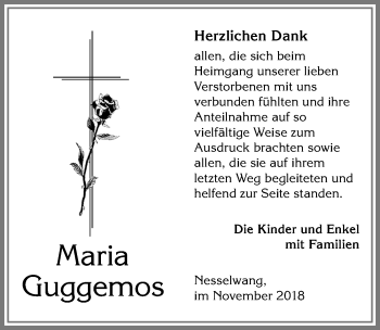 Traueranzeige von Maria Guggemos von Allgäuer Zeitung, Füssen