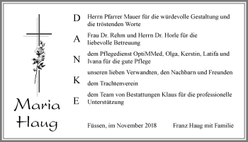 Traueranzeige von Maria Haug von Allgäuer Zeitung, Füssen