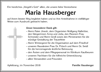 Traueranzeige von Maria Hausberger von Allgäuer Zeitung, Kaufbeuren/Buchloe