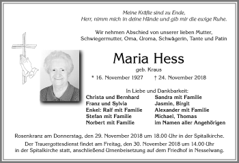 Traueranzeige von Maria Hess von Allgäuer Zeitung, Füssen