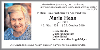 Traueranzeige von Maria Hess von Allgäuer Zeitung, Kaufbeuren/Buchloe