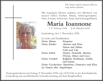 Traueranzeige von Maria Ioannone von Der Westallgäuer